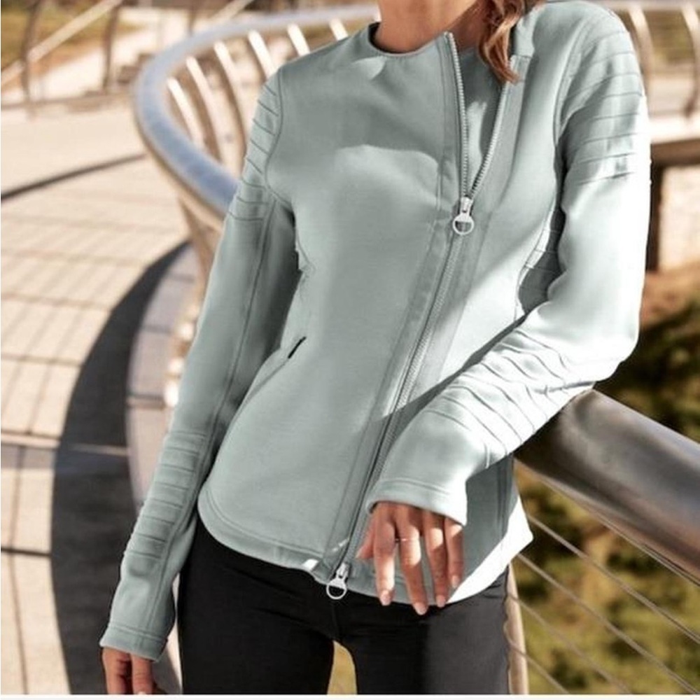 Athleta Jasper Green SoftTech Asymmetric Zip Moto Athleisure Travel Jacket